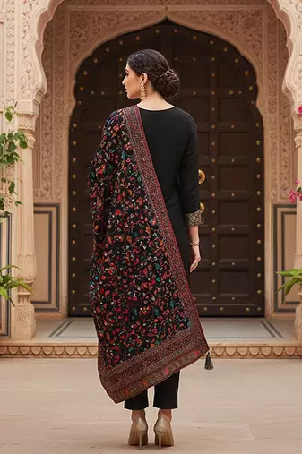 black color woven design silk blend styles kurta trouser with dupatta