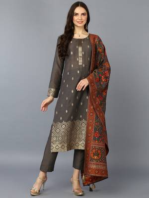 grey color woven design silk blend styles kurta trouser with dupatta 1