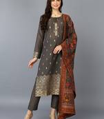 grey color woven design silk blend styles kurta trouser with dupatta