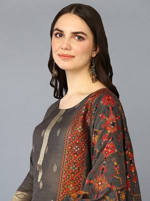 grey color woven design silk blend styles kurta trouser with dupatta 2