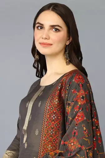 grey color woven design silk blend styles kurta trouser with dupatta