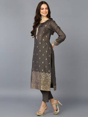 grey color woven design silk blend styles kurta trouser with dupatta 3