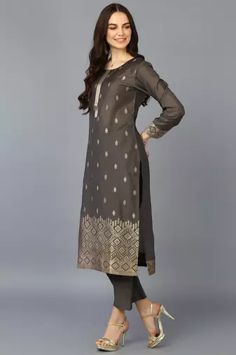 grey color woven design silk blend styles kurta trouser with dupatta