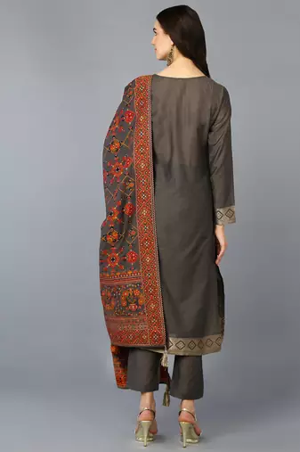 grey color woven design silk blend styles kurta trouser with dupatta