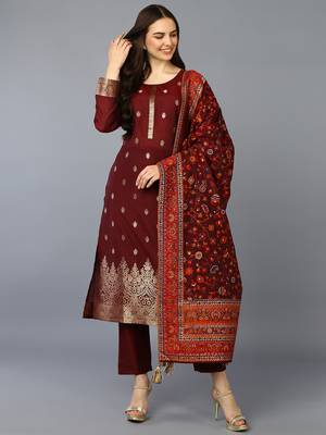 maroon color woven design chanderi silk styles kurta trouser with dupatta 1