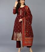 maroon color woven design chanderi silk styles kurta trouser with dupatta