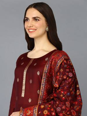 maroon color woven design chanderi silk styles kurta trouser with dupatta 2