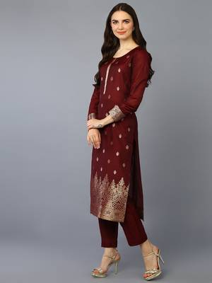 maroon color woven design chanderi silk styles kurta trouser with dupatta 3