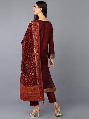 maroon color woven design chanderi silk styles kurta trouser with dupatta 4