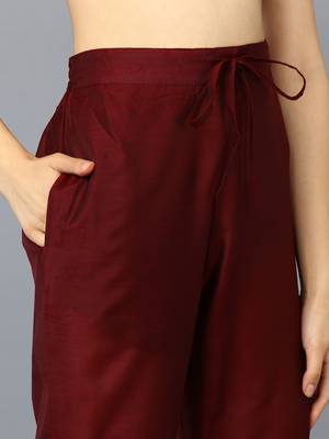 maroon color woven design chanderi silk styles kurta trouser with dupatta 5