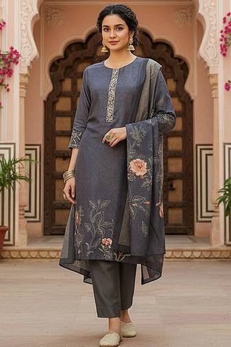 grey color printed silk blend styles kurta trouser with dupatta