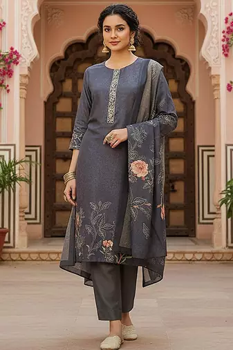grey color printed silk blend styles kurta trouser with dupatta