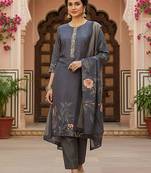 grey color printed silk blend styles kurta trouser with dupatta
