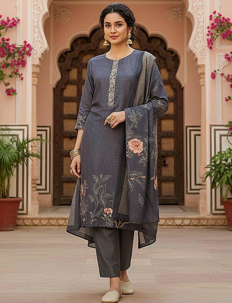 grey color printed silk blend styles kurta trouser with dupatta