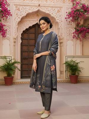 grey color printed silk blend styles kurta trouser with dupatta 3