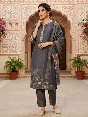 grey color printed silk blend styles kurta trouser with dupatta 4