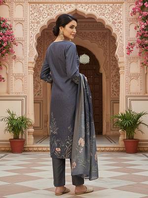 grey color printed silk blend styles kurta trouser with dupatta 5