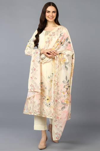yellow color embroidered silk blend styles kurta trouser with dupatta