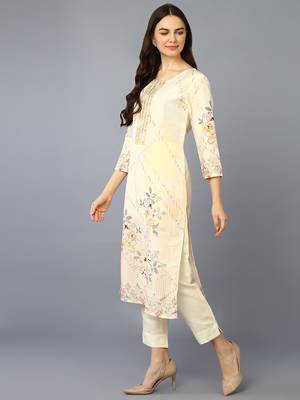 yellow color embroidered silk blend styles kurta trouser with dupatta 3
