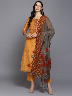 orange color printed silk blend styles kurta trouser with dupatta 1