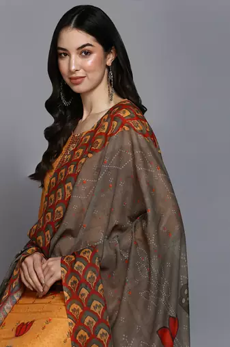orange color printed silk blend styles kurta trouser with dupatta