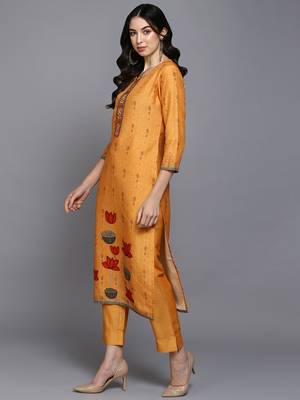 orange color printed silk blend styles kurta trouser with dupatta 3
