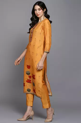 orange color printed silk blend styles kurta trouser with dupatta