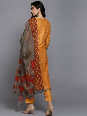 orange color printed silk blend styles kurta trouser with dupatta 4