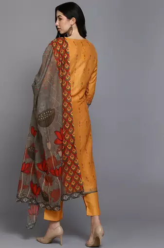 orange color printed silk blend styles kurta trouser with dupatta
