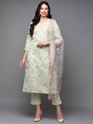 mint green color woven design organza styles kurta trouser with dupatta 1