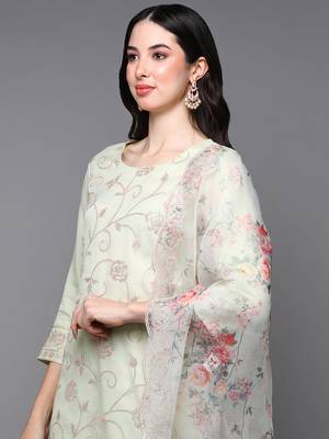 mint green color woven design organza styles kurta trouser with dupatta 2