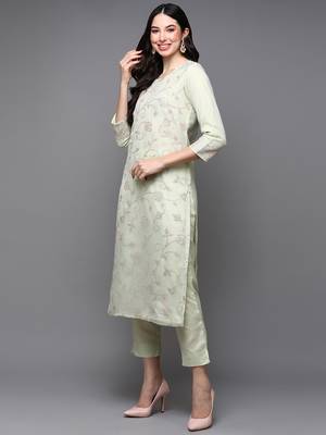 mint green color woven design organza styles kurta trouser with dupatta 3