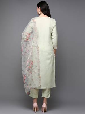 mint green color woven design organza styles kurta trouser with dupatta 4