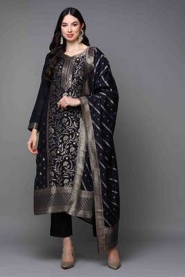 navy blue color woven design poly chanderi styles kurta trouser with dupatta 1