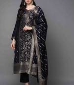 navy blue color woven design poly chanderi styles kurta trouser with dupatta