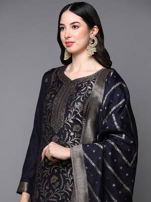 navy blue color woven design poly chanderi styles kurta trouser with dupatta 2