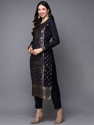 navy blue color woven design poly chanderi styles kurta trouser with dupatta 3
