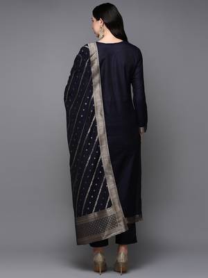 navy blue color woven design poly chanderi styles kurta trouser with dupatta 4