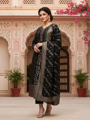 black color woven design poly chanderi styles kurta trouser with dupatta 2