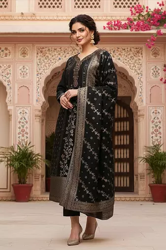 black color woven design poly chanderi styles kurta trouser with dupatta