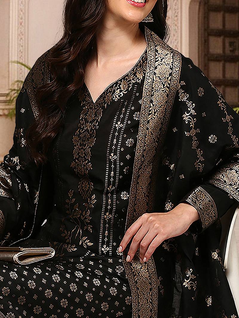 black color woven design poly chanderi styles kurta trouser with dupatta