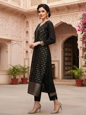 black color woven design poly chanderi styles kurta trouser with dupatta 3