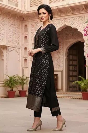 black color woven design poly chanderi styles kurta trouser with dupatta