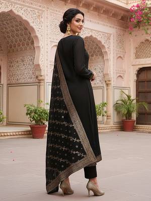 black color woven design poly chanderi styles kurta trouser with dupatta 4