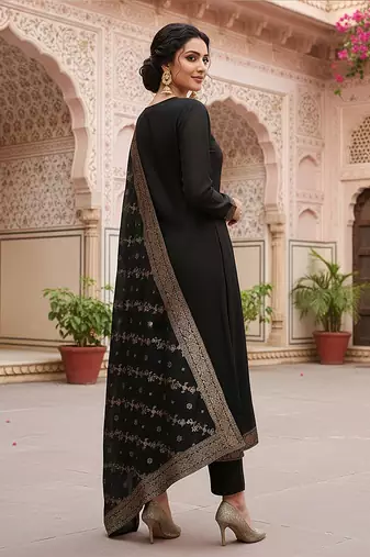 black color woven design poly chanderi styles kurta trouser with dupatta