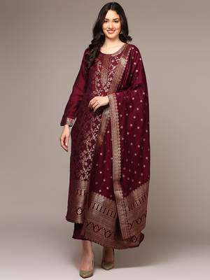 Maroon Banarasi Silk Kurta Set with Zari Dupatta 1