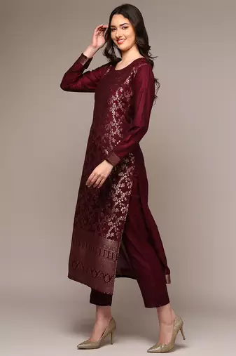 Maroon Banarasi Silk Kurta Set with Zari Dupatta