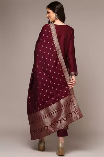 Maroon Banarasi Silk Kurta Set with Zari Dupatta