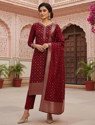 red color woven design poly chanderi styles kurta trouser with dupatta 1