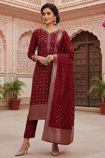red color woven design poly chanderi styles kurta trouser with dupatta